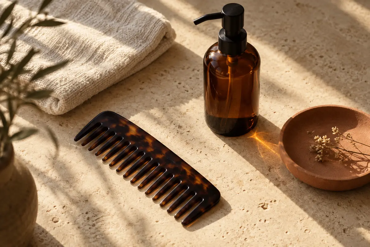 An illustrative still life of a comb, amber bottle and folded towel